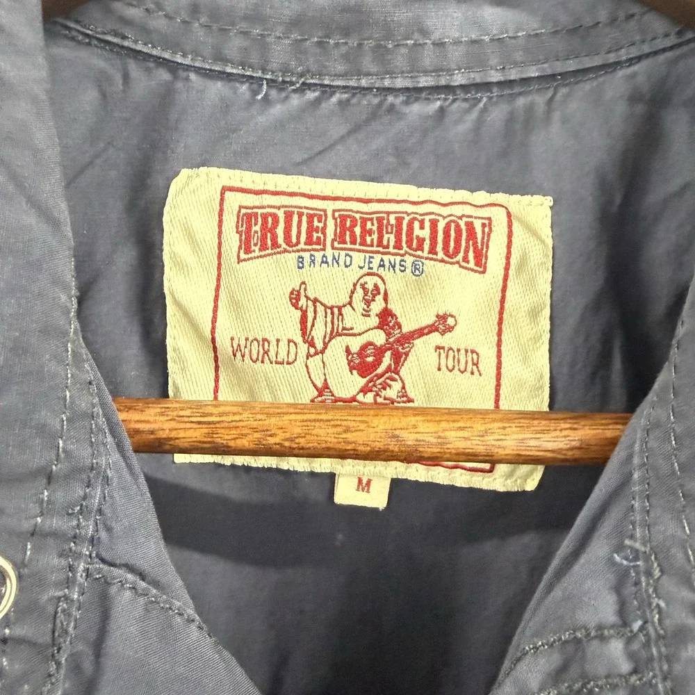 True Religion Mens Medium Navy Western Pearl Snap Shirt Made USA Y2K Graphic